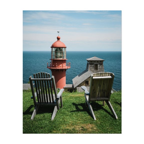 Sitting at Pointe-à-la-Renommée Lighthouse 02 - Gaspé Québec Canada Photography Lighthouse Ocean Coast Scenic Beach House Summer Rustic Unframed Wall Art Print 22 x 28 inches
