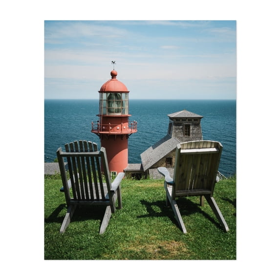 Sitting at Pointe-à-la-Renommée Lighthouse 02 - Gaspé Québec Canada Photography Lighthouse Ocean Coast Scenic Beach House Summer Rustic Unframed Wall Art Print 20 x 24 inches