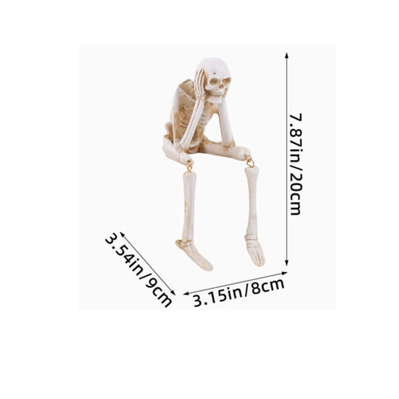 Sitting Pose Resin Skeleton Figurine 7.87 Inch, Gothic Spooky Shelf Sitter Skull Statue, Halloween Themed Desktop Accent Ornament for Cabinet Mantel Fall Holiday Home Decor