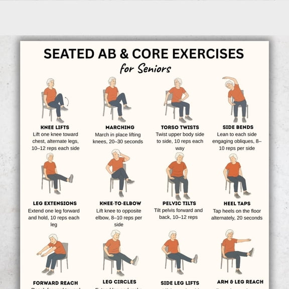 Sitting Posture Ab And Core Exercise Poster For The Elderly Chair Exercise Poster Gentle Fitness Routine For The Elderly Low Impact Home Exercise Poster poster
