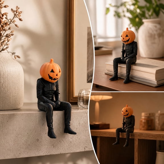 Sitting Pumpkin Head Man Figurine, Spooky Halloween Shelf Sitter Statue, Gothic Black Outfit Desktop Ornament, Fall Home Party Decor