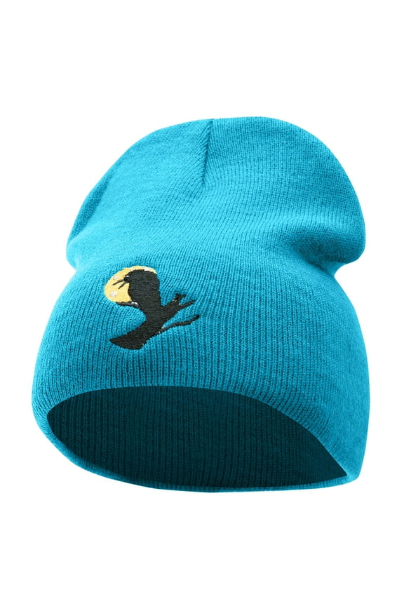Sitting Raven Embroidered 8 Inch Knitted Short Beanie - Aqua OSFM