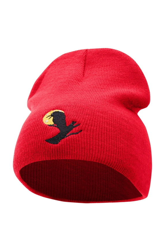 Sitting Raven Embroidered 8 Inch Knitted Short Beanie - Red OSFM