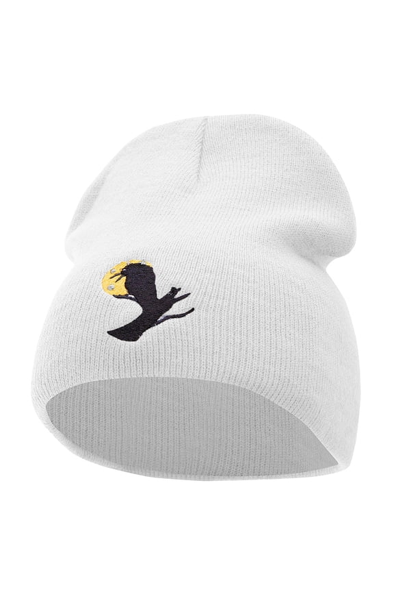Sitting Raven Embroidered 8 Inch Knitted Short Beanie - White OSFM
