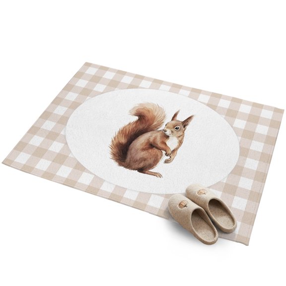 Sitting Squirrel 2'x3' Small Rugs for Entryway Front Door Kitchen Sink Area, Retro Modern Squirrel Beige Plaid Soft Sturdy Mats Washable Non Slip Rectangle Area Rug