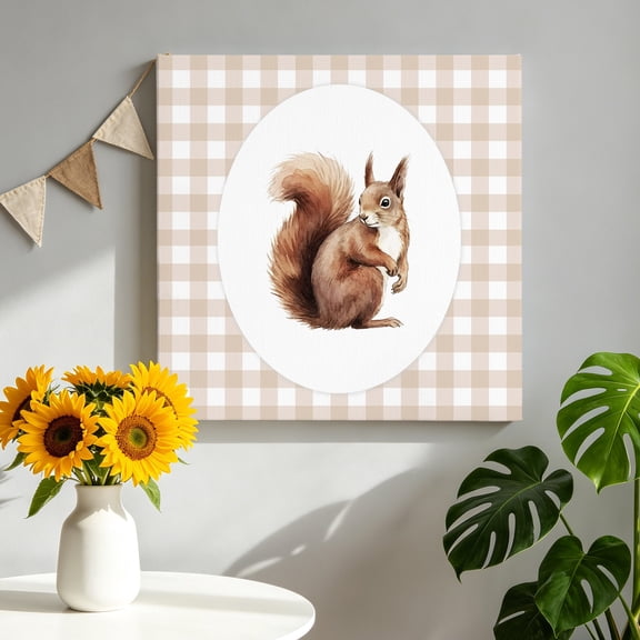 Sitting Squirrel Canvas Wall Art for Living Room, Retro Modern Squirrel Beige Plaid Poster Print Painting for Bedroom Office Home Decoration Wall Pictures Prepare To Hang 8"x8"