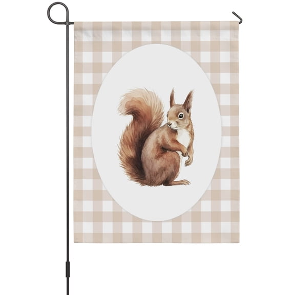 Sitting Squirrel Garden Flag 12 x 18 Inches, Retro Modern Squirrel Beige Plaid Weather Proof Outdoor Patio Flags Double Sided Small Garden Decoration for Yard Outside Home