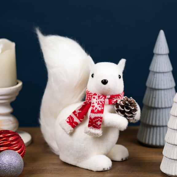 Sitting Squirrel with Snowflake Scarf Christmas Figure - 10.5" - White and Red