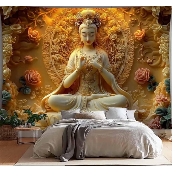 Sitting White Buddha Tapestry Wall Hanging Buddhist Statue With Flower Meditation Wall Decor Zen Art Psychedelic Indian Wall Blanket for Bedroom Living Room Home Decor