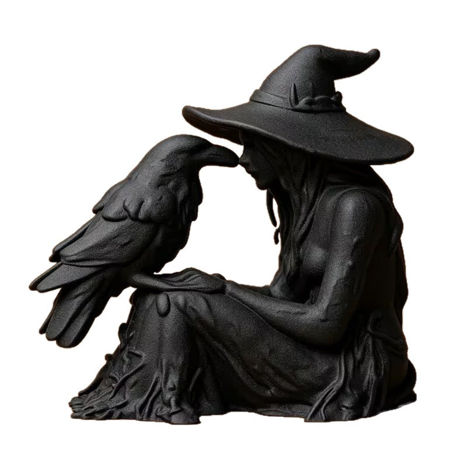 Sitting Witch Statue with Crow, 3.1" Gothic Halloween Witch Figurine, Witch Decor for Shelf & Mantel, Indoor Halloween Decorations