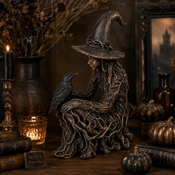Sitting Witch with Crow Statue, Gothic Resin Figurine for Halloween Decor
