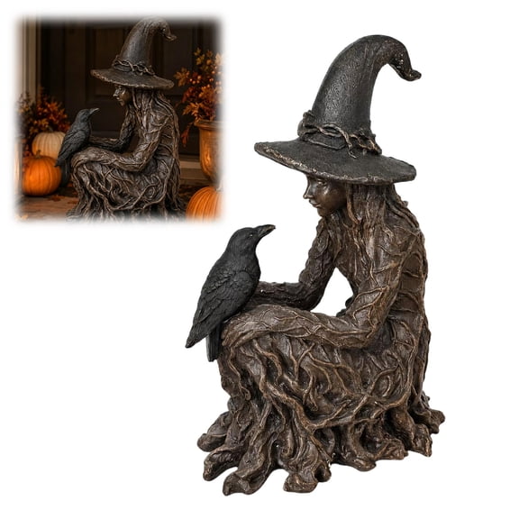 Sitting Witch with Crow Statue, Mystical Resin Figurine Dark Academia Decor, Occult Halloween Altar Gift