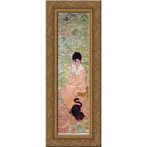 Sitting Woman with a Cat 12x24 Gold Ornate Wood Framed Canvas Art by Bonnard, Pierre