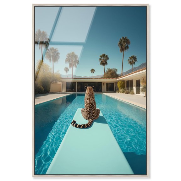 Sitting and Thinking Pool Framed High-Gloss Acrylic Glass Wall Art Modern Tiger Art by Art Remedy, Silver Frame, 24 x 36