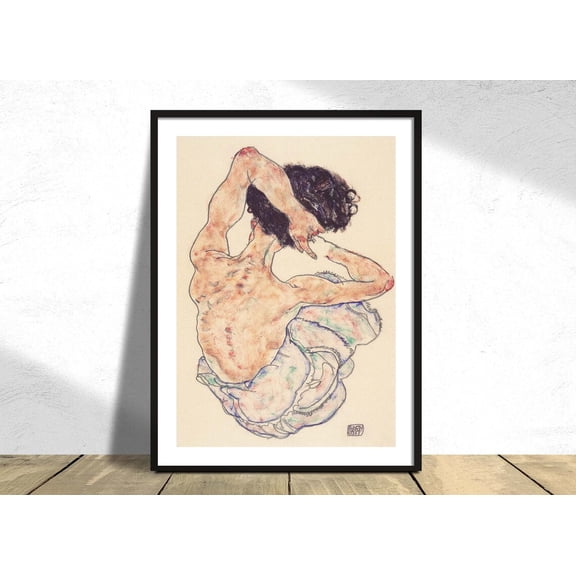 Sitzender Ruckenakt Egon Schiele Austrian Expressionism Style Exhibition Art Poster Reproduction, Unframed Paper Poster 8x10in