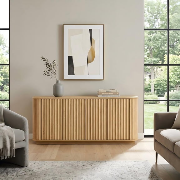 Siu Want 64" Natural Sideboard Storage Cabinet, Wave Pattern TV Stand Buffet with Vertical Stripes