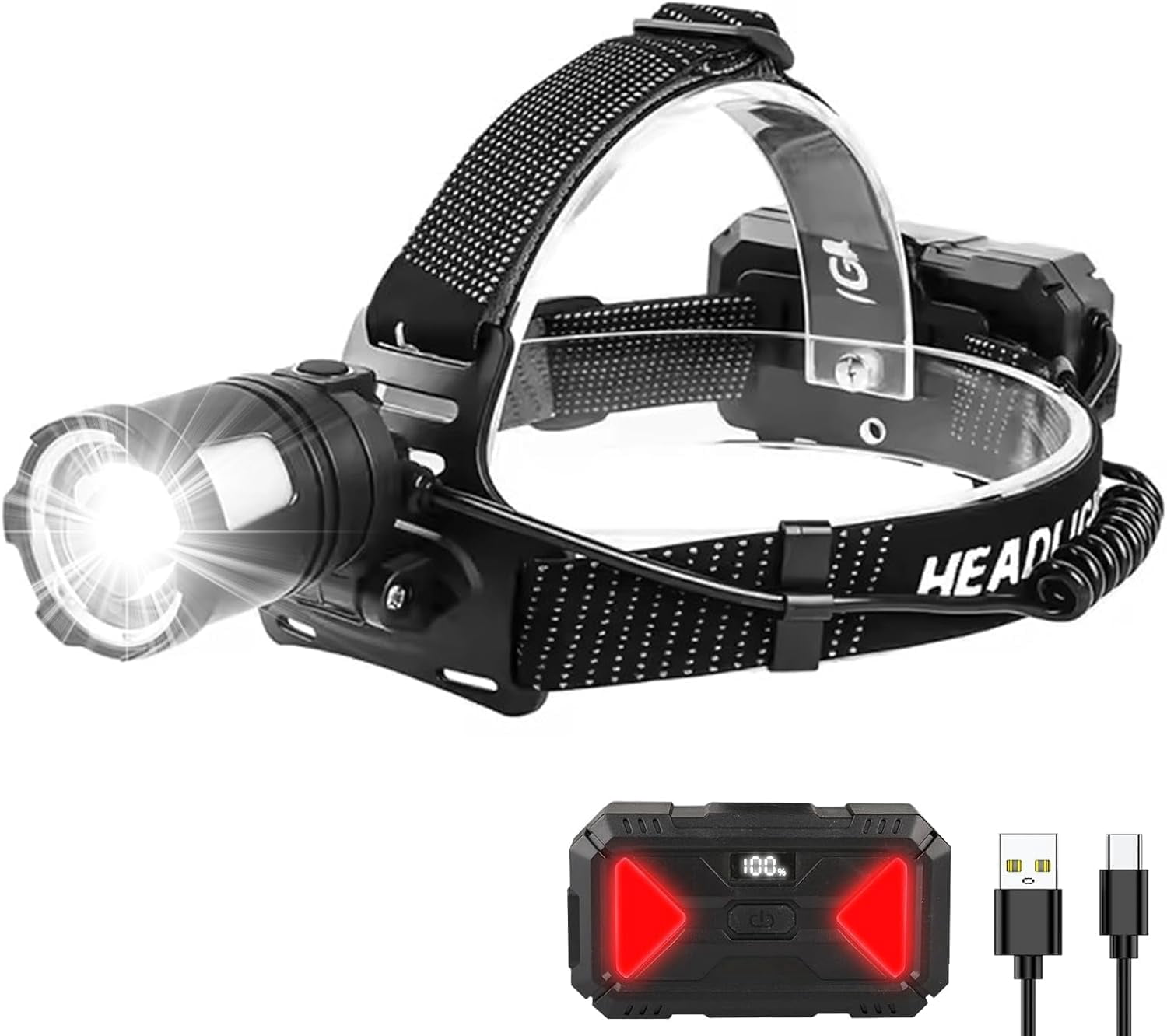 Siuyiu Headlamp, 1200 High Lumen LED Headlamp, Headlamp Rechargeable with 3 Modes, IPX4 Waterproof, 90° Adjustable Zoomable Head lamp for Outdoor Camping, Running, Hiking