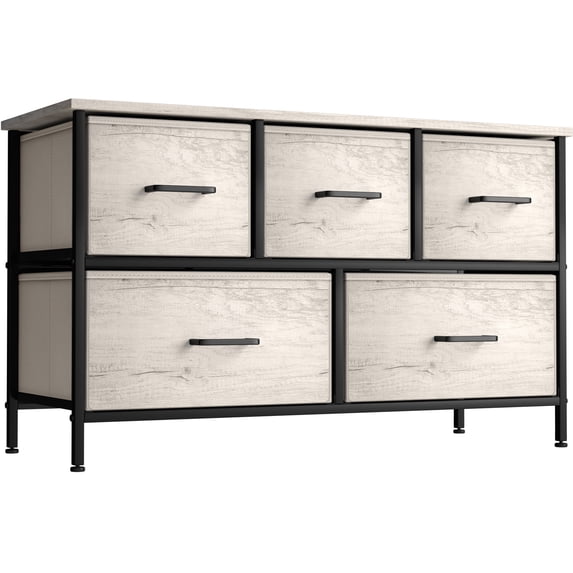 Sivan Home Décor Dresser with 5 Fabric Bin Drawers - Versatile for Bedroom Storage and/or TV Stand Riser (Faux Wood - Greige)