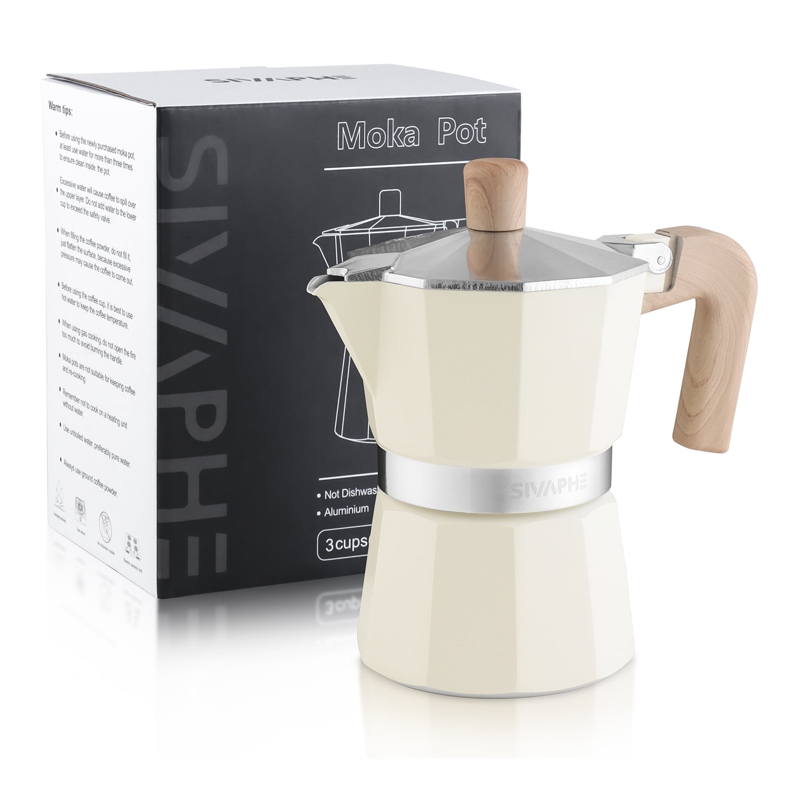 Sivaphe Aluminum Moka Pot 3 Espresso Cups, Percolator Espresso and Coffee Maker, Portable Stovetop Italian and Cuban Café Brewer for Home and Camping White