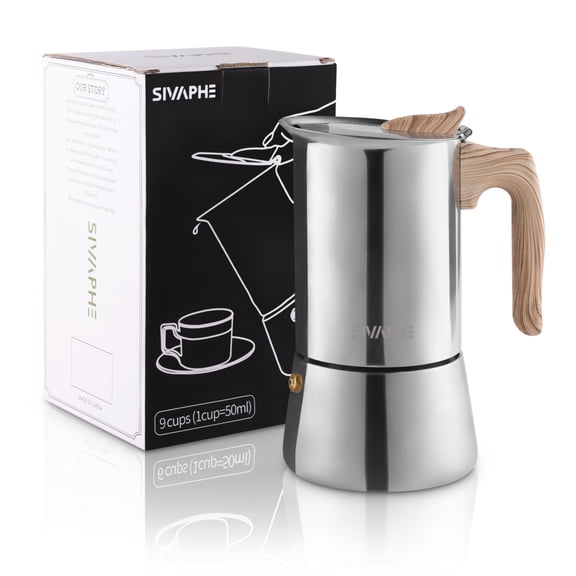 Sivaphe Stovetop Espresso Maker Stainless Steel 9 Cups, Induction-Capable Mocha Pot 450ml, Coffee Percolator with Replacement Silicone Gasket Steel Filter and Instructions (1 Cup=50ml)