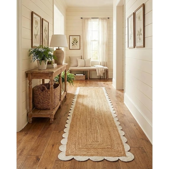 Sivi 3 x 14 Feet Handmade Scallop Braided Jute Rug - Natural Jute Runner Rug