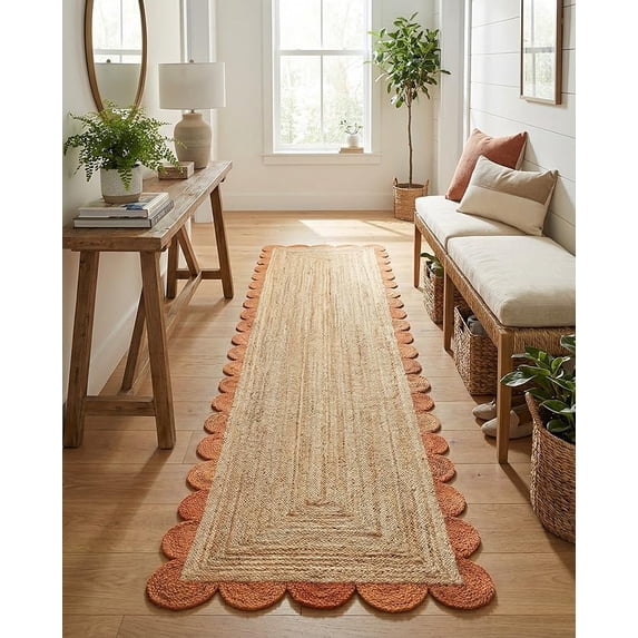 Sivi 3 x 14 Feet Handmade Scallop Braided Jute Rug - Natural Jute Runner Rug