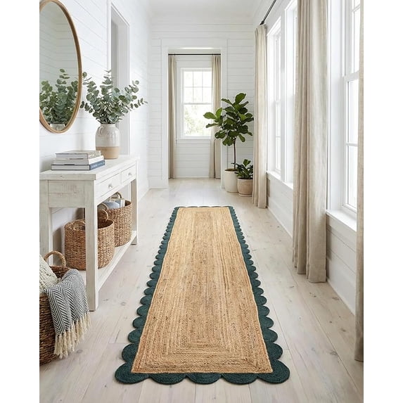 Sivi 3 x 16 Feet Handmade Scallop Braided Jute Rug - Natural Jute Runner Rug