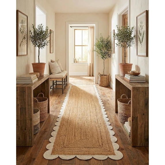 Sivi 3 x 16 Feet Handmade Scallop Braided Jute Rug - Natural Jute Runner Rug