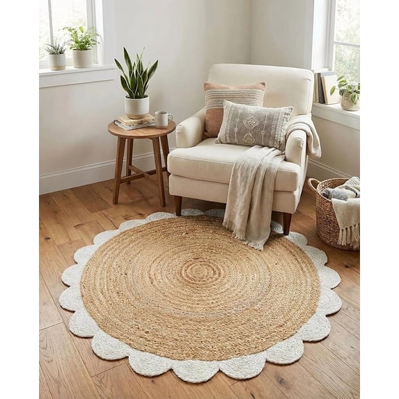 Sivi 3 x 3 Feet Handmade Scallop Braided Jute Rug - Natural Jute Round Rug
