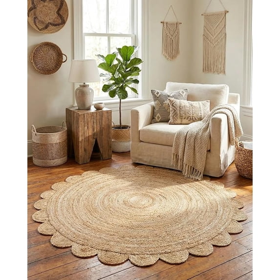 Sivi 6 x 6 Feet Handmade Scallop Braided Jute Rug - Natural Jute Round Rug