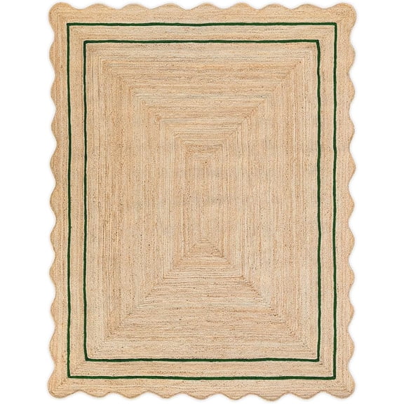 Sivi 9 x 12 Feet Handmade Wave Scallop Braided Jute Rug - Natural Jute Area Rug Green Border