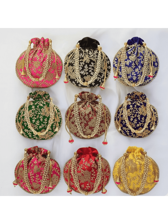Indian Ethnic Potli Bag for Women – Designer Silk Rajasthani Batwa with Pearl Handle, Bridal Clutch Purse for Wedding, Party & Return Gift (Pack of 1)