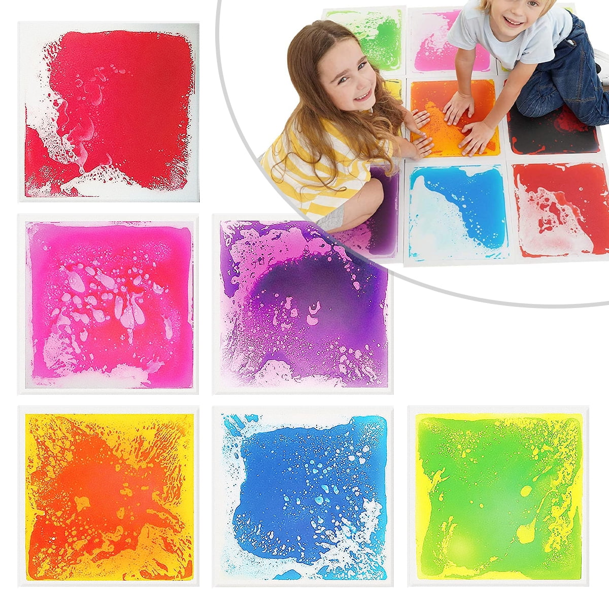 ShpilMaster QI004623.4 Sensory Liquid Gel Floor Square Tiles 19.5 x 19.5 inch Red/Orange Green/Yellow Pink/Purple Blue/White Kids Floor Mat 4 Pack
