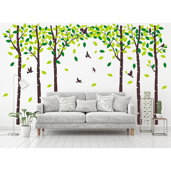 Six Birch Tree Wall Decals Birds Cute Squirrel Forest Wall Stickers for Kids Room Nursery Bedroom Living Room Classroom Decoration (Brown,Green)