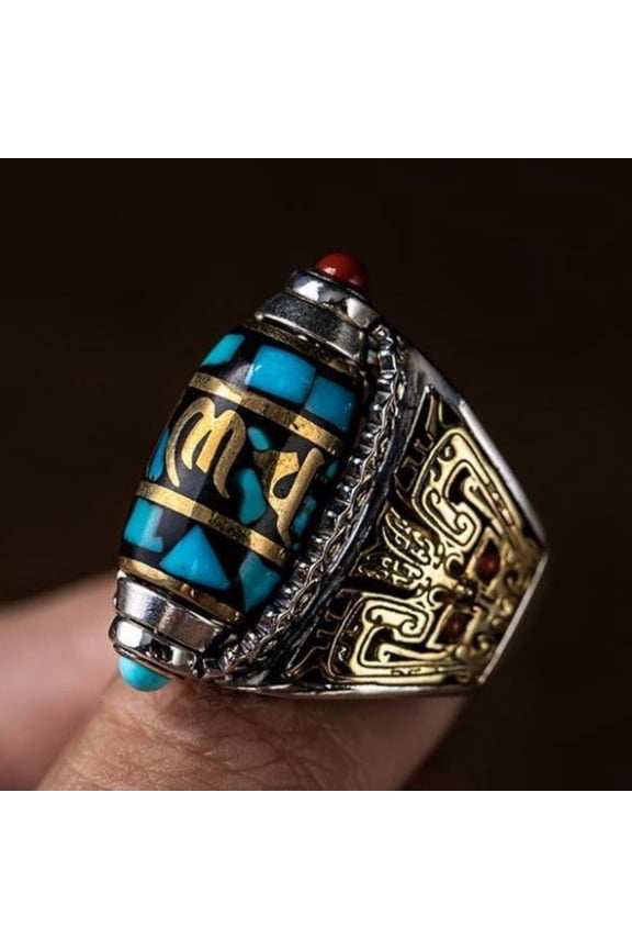 Six Character Mantra Dzi Bead Spinning Ring Tibetan Style Buddhist Rotating Prayer Ring for Men Adjustable Meditation Ring