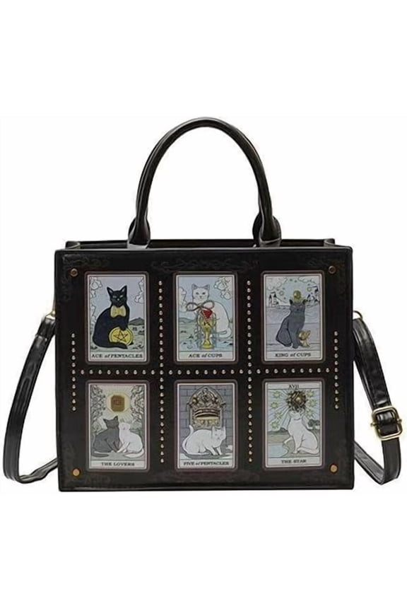 Six-Compartment Cat Pattern Bag 3-Way Handbag, Shoulder & Crossbody Purse for Women, Cute Embroidered Lightweight Tote with Pockets