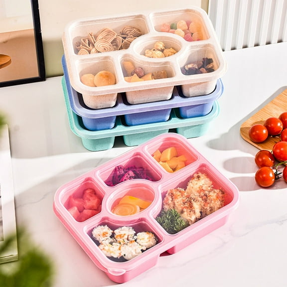 Six-Compartment Lunch Box | Food Prep & Portion Control Container | Durable Polypropylene Wheat Straw | Leak-Resistant Clear Lid | 24x17.5x5.5 cm | Pink Blue Green Beige | 1 Pack
