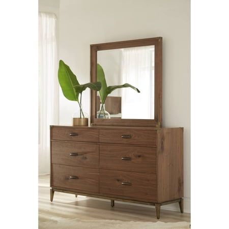 Six Drawer Dresser with Bronzed Brass Corner Brackets and Base, Natural Walnut Brown