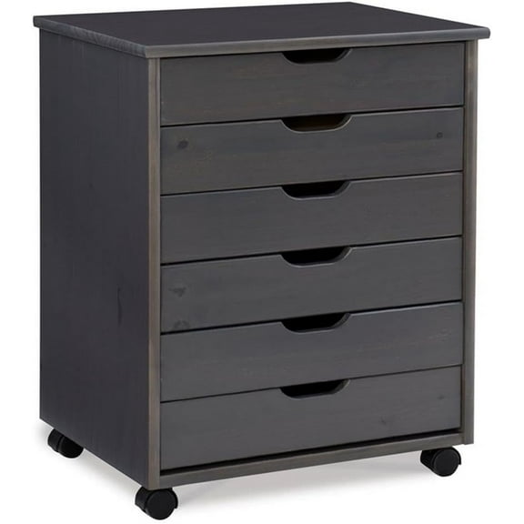 Six Drawer Wide Wood Rolling Cart in Gray
