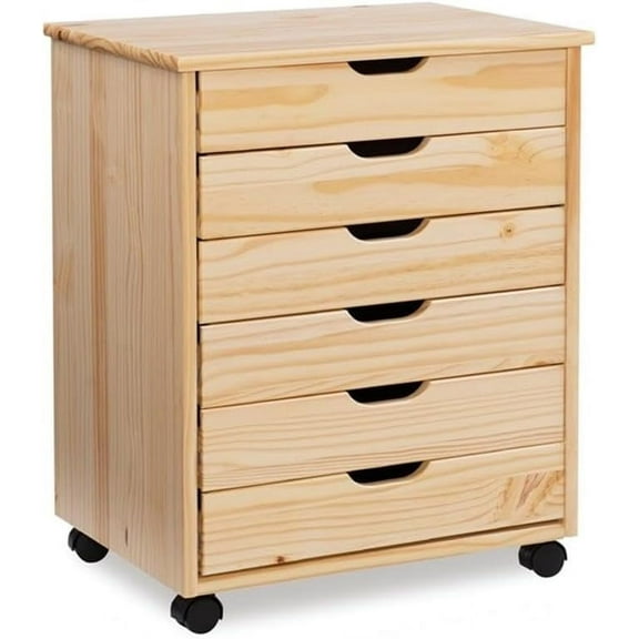Six Drawer Wide Wood Rolling Cart in Natural