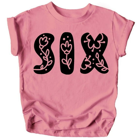 Six Floral Numbers Ages 1-7 Girl's 6th Birthday Shirt Black on Mauve Shirt Youth Medium