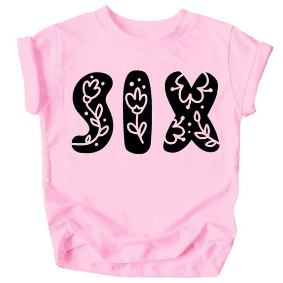 Six Floral Numbers Ages 1-7 Girl's 6th Birthday Shirt Black on Pink Shirt 5-6