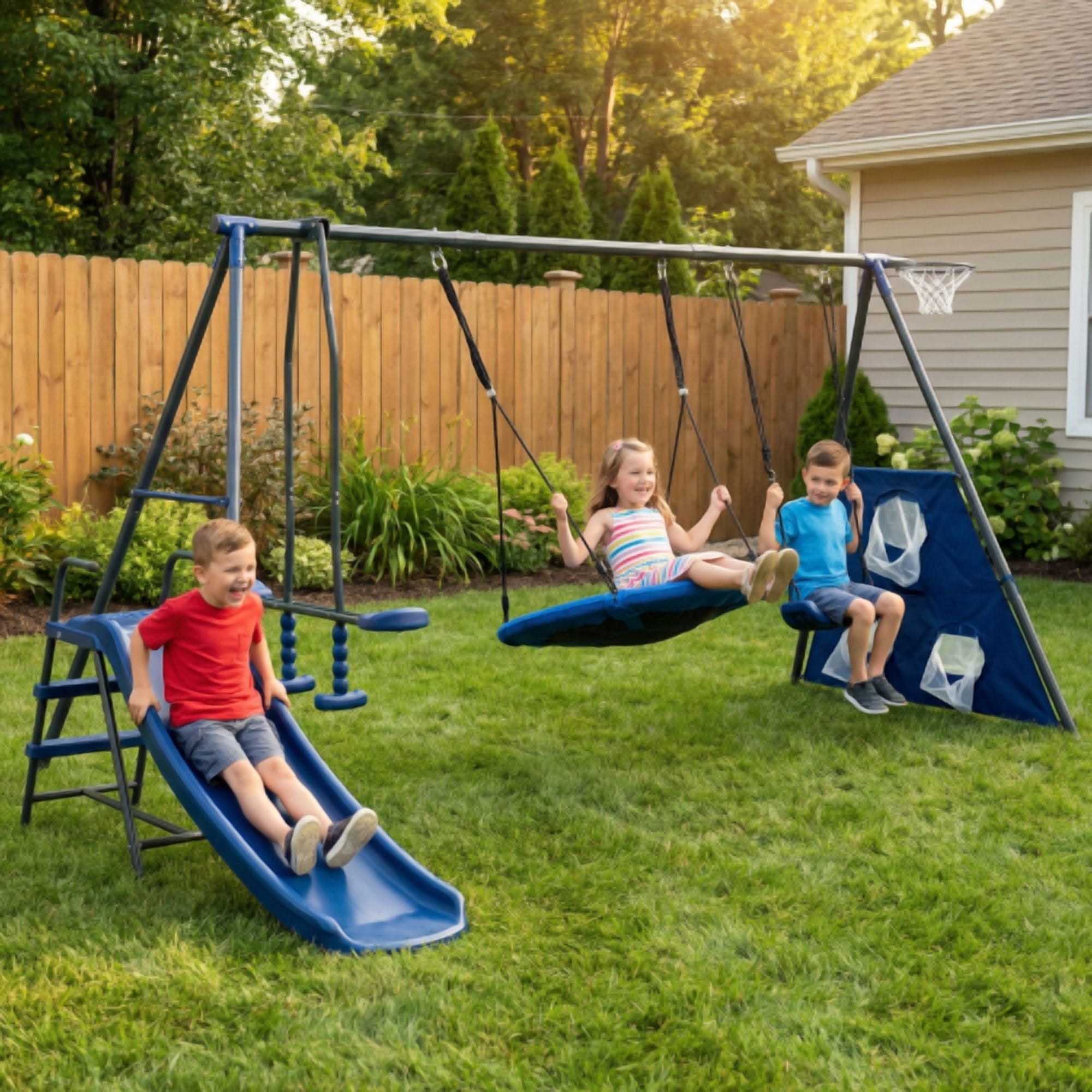 Six Function Swingset With Net Swing Metal Plastic Safe Swing Set 440lbs For Outdoor Playground For Age 3+ With 31.5in Net Swing