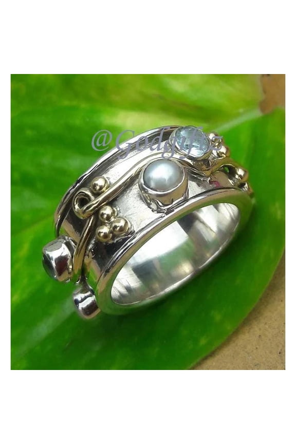 Six Gemstone Ring: 925 Sterling Silver Gold-Plated Blue Topaz Pearl Ring