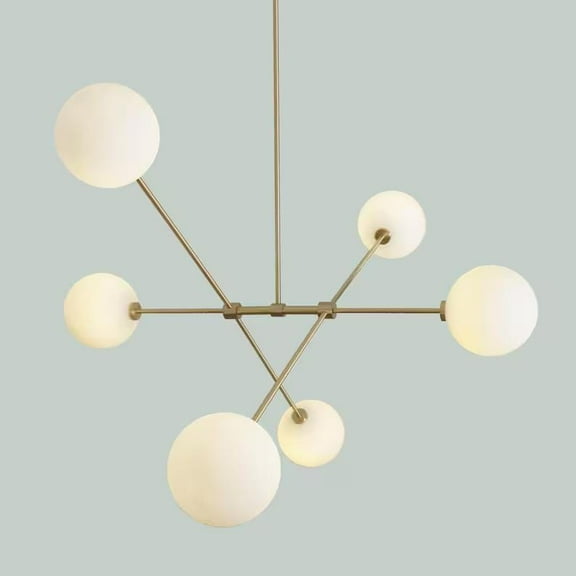 Six Globes Mid Century Style Sputnik Chandelier – Handcrafted Pendant Ceiling Light, Brass Frame Glass Globe Design Light Fixture