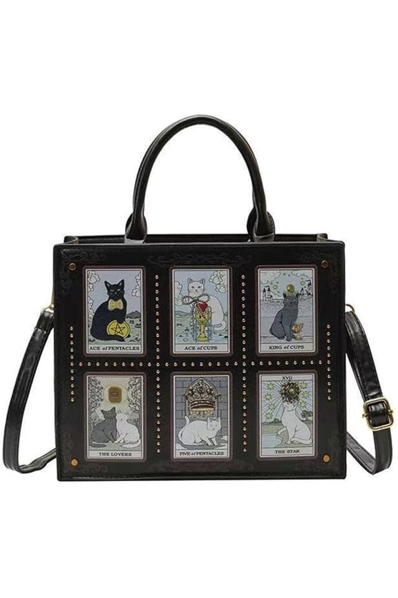 Six-Grid Cat Pattern Bag, 3-Way Crossbody Shoulder Top Handle Purse, Embroidered Lightweight Handbag with Pockets for Women