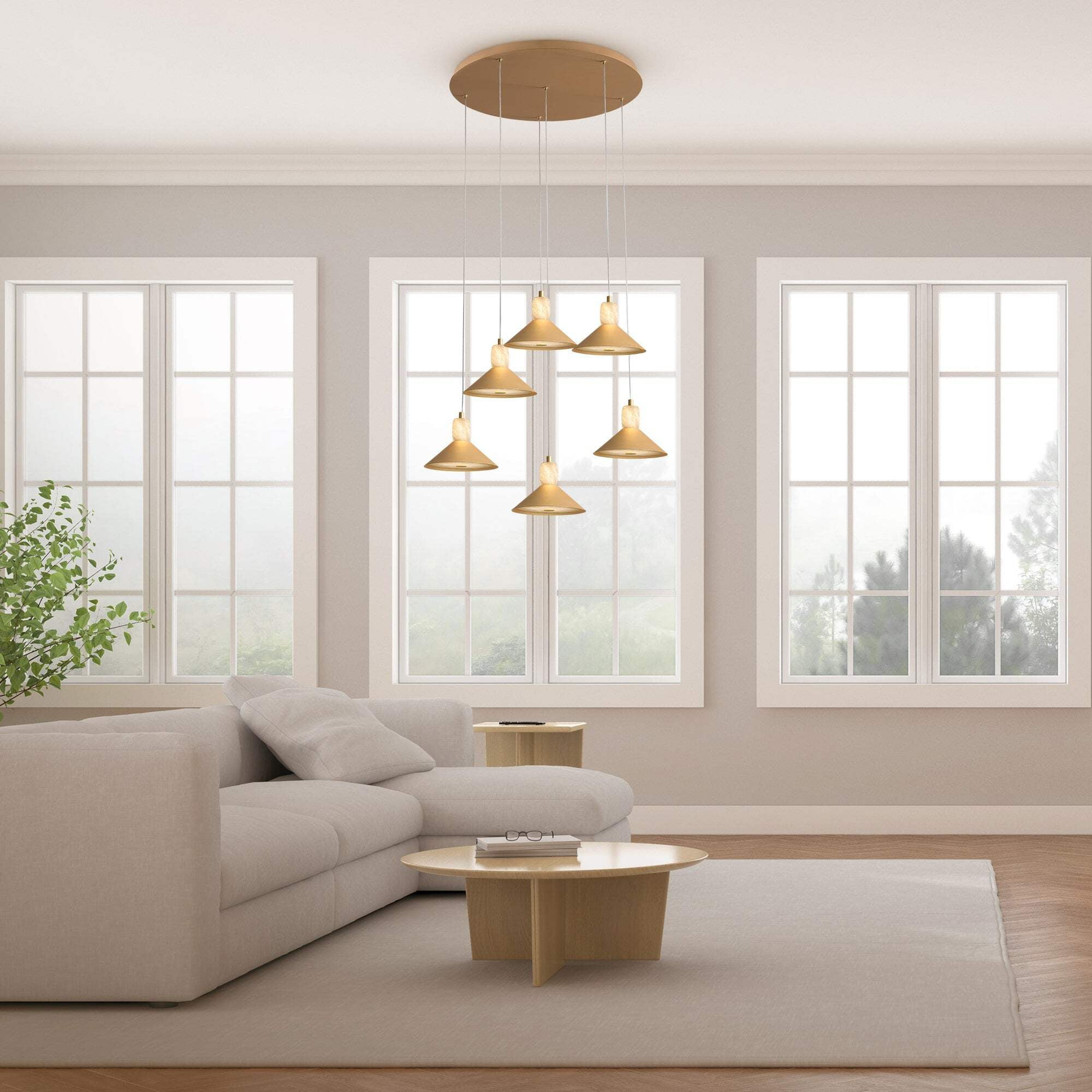 Spanish Alabaster  Aluminum Six-Light Chandelier
