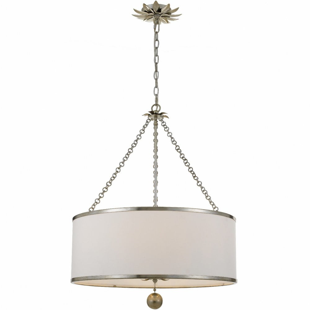 Elegant Antique Silver 6-Light Chandelier with White Silk Drum Shade