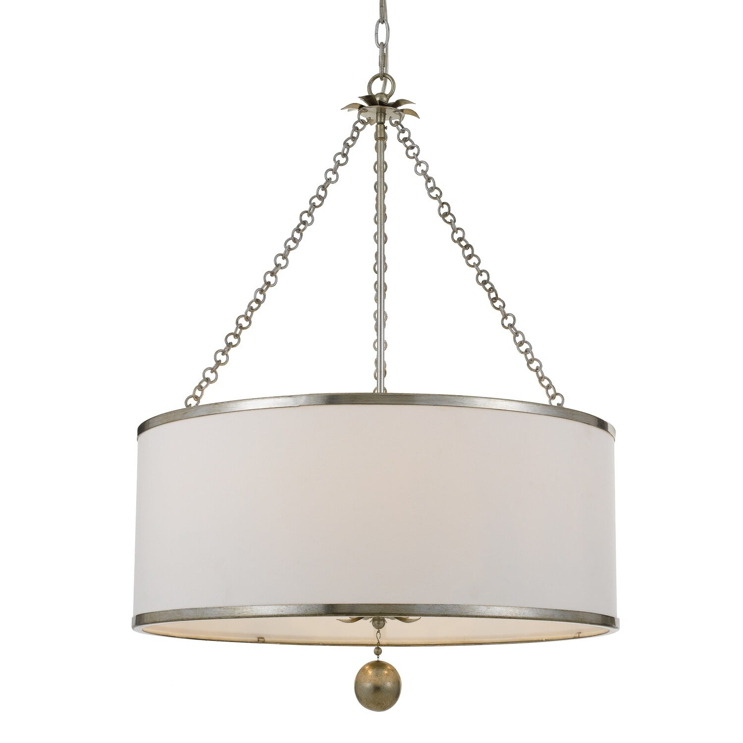 Elegant Antique Silver 6-Light Chandelier with White Silk Drum Shade