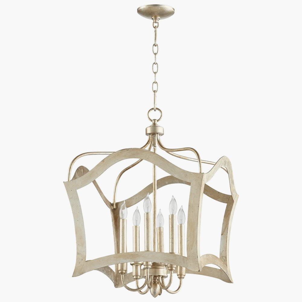 Elegant Aged Silver Leaf 6-Light Candelabra Pendant with Glass Accents